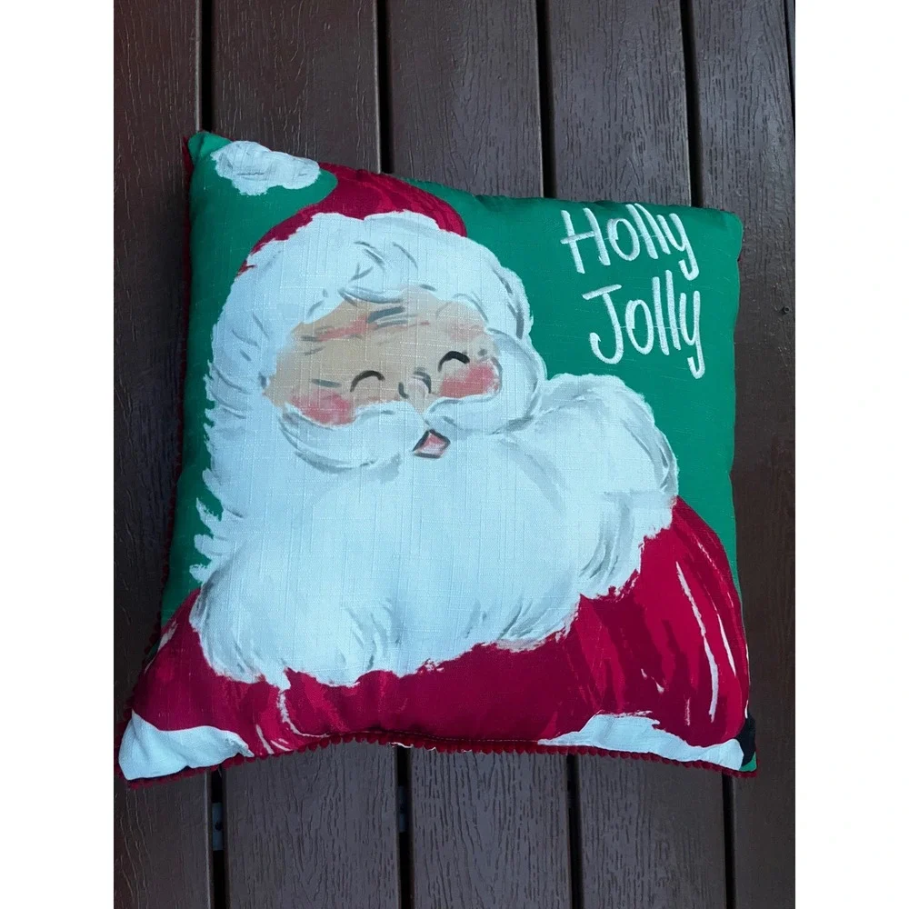 Santa Claus Holly Jolly Christmas Throw Pillow Green Red Pom Pom Trim Accent